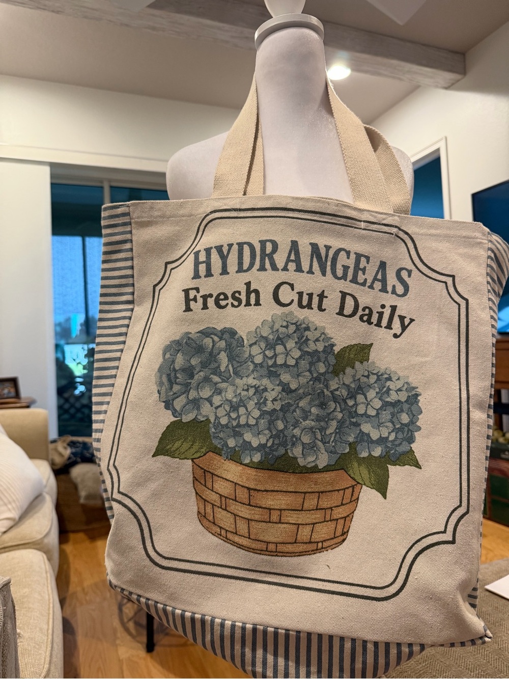 Hydrangeas Fresh Cut Daily Canvas Tote Bag - Cream and Blue